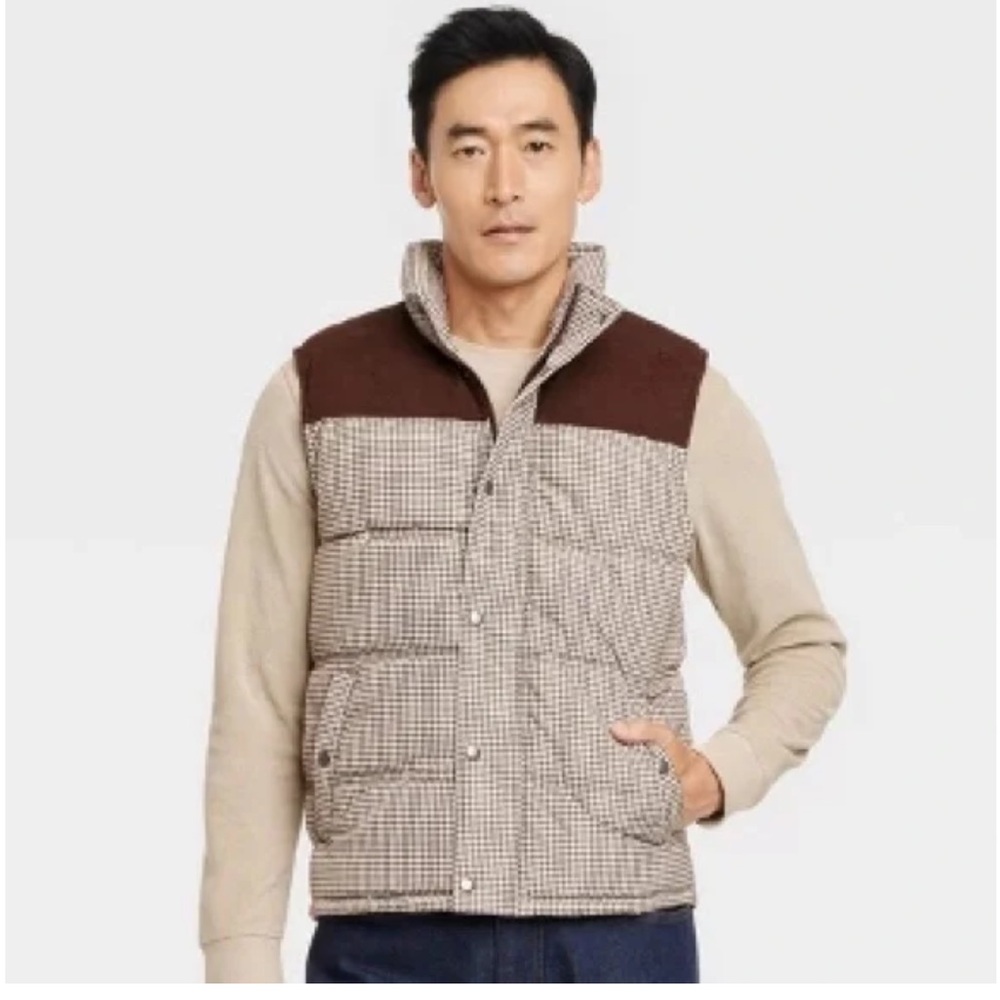 GOODFELLOW Men's Brown and Tan Checkered Puffer Vest